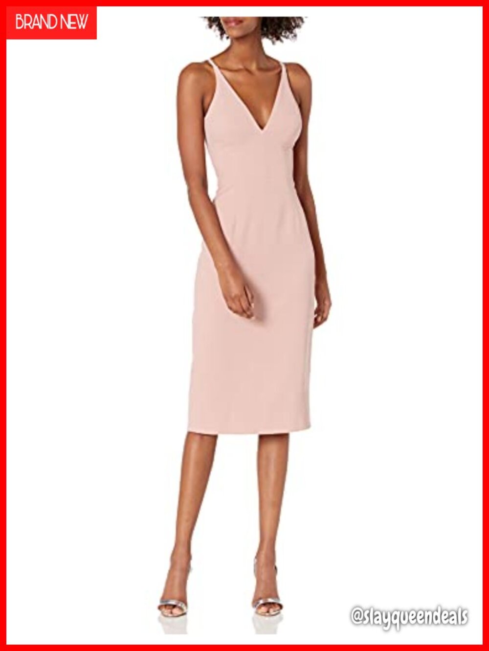 Womens Sheath Midi Dress Sleeveless V-Neck Fitted Crepe Cocktail Party